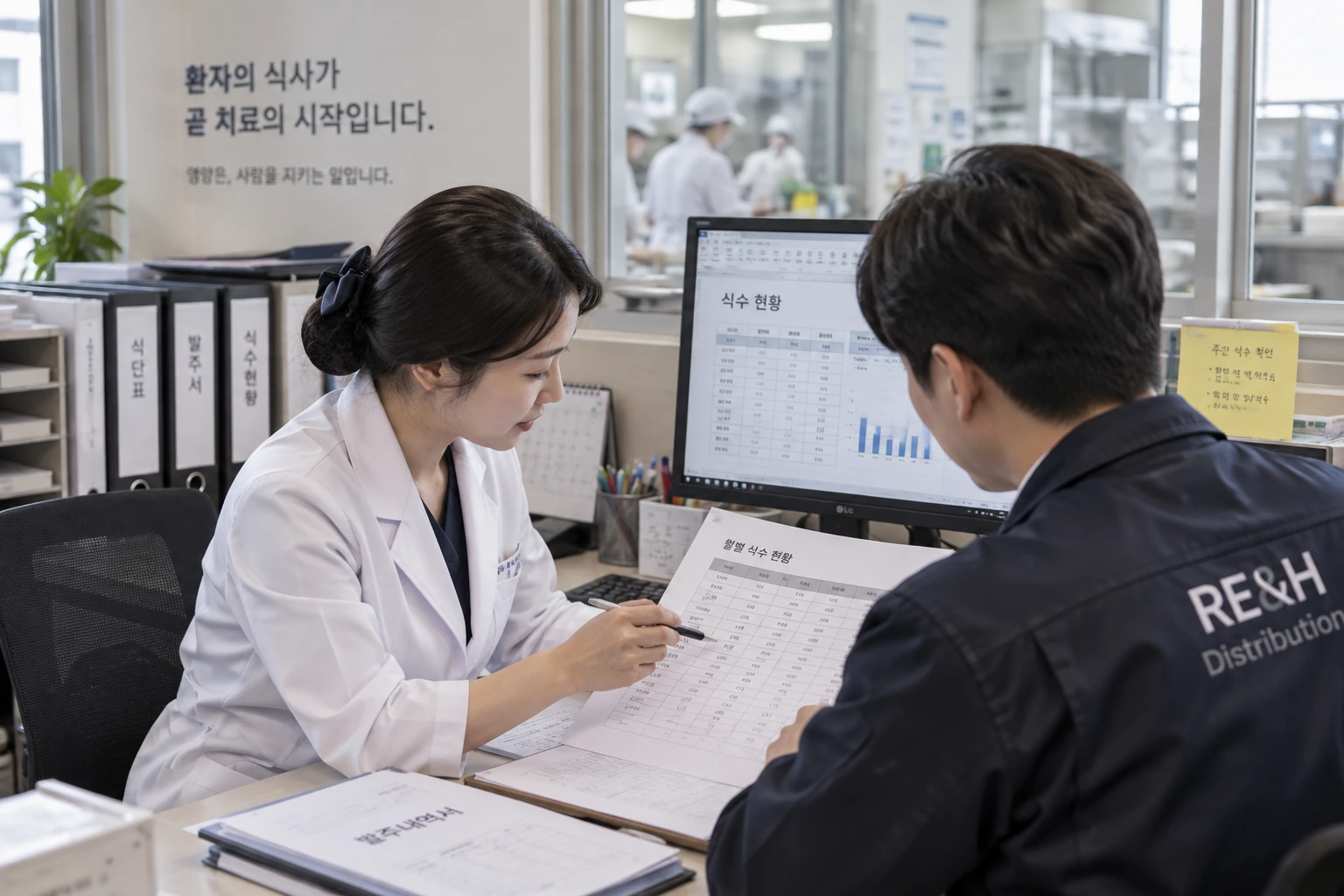 병원 영양사와 RE&H 담당자가 현재 발주내역과 식수를 확인하는 상담 장면