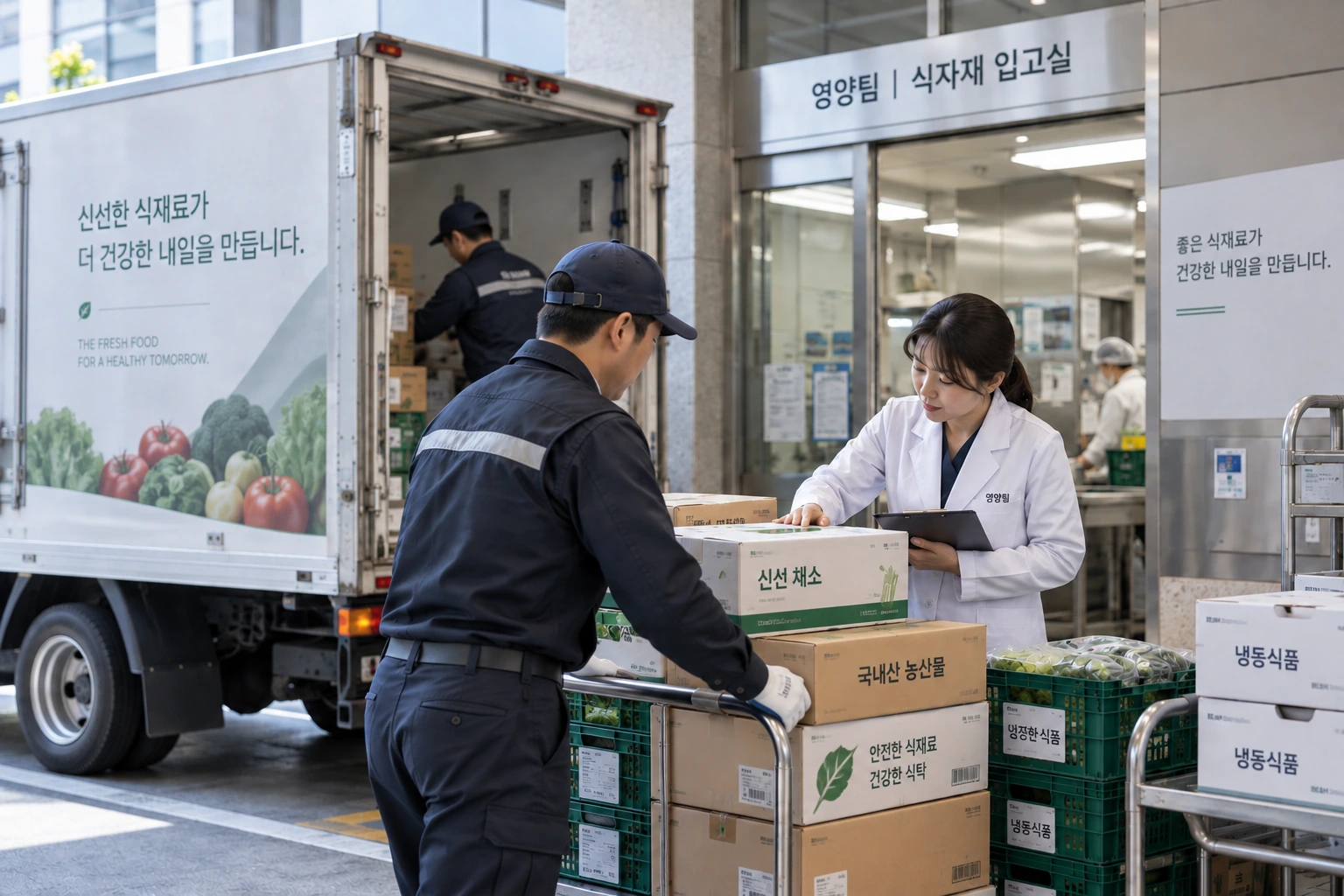 납품 차량 앞에서 발주와 납품 일정을 확인하는 장면