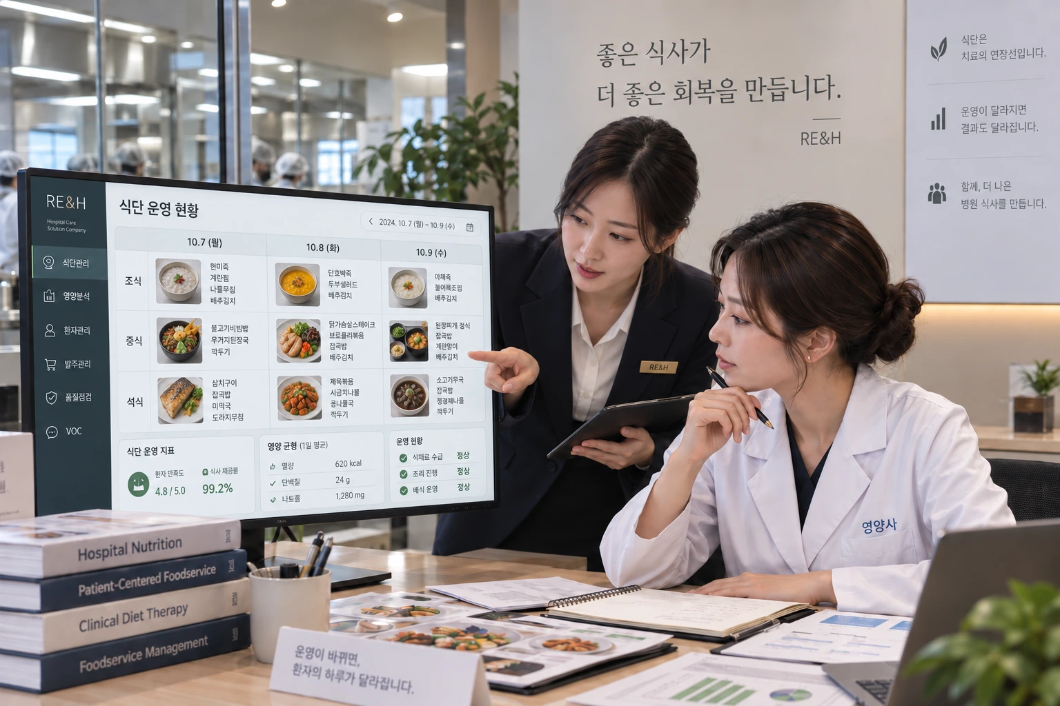 식단 운영 현황 화면을 보며 영양업무를 함께 준비하는 모습